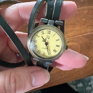 Vintage-Style Wrap Watch with Black Leather Strap
